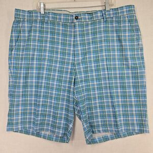 Greg Norman Golf Shorts Mens 42 Blue Green Plaid Stretch Performance Flat Front